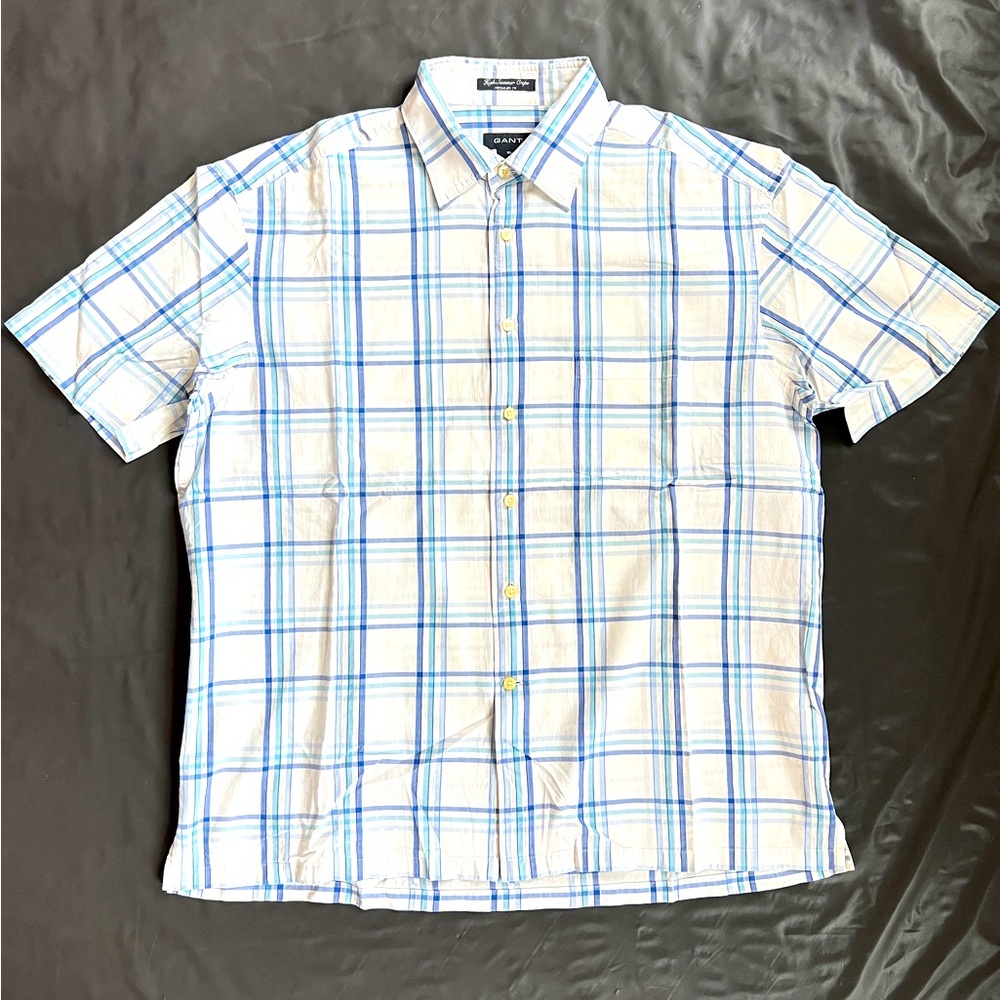 Gant Checkered Casual Shirt Blue and White men's XL embroidery Logo 100% cotton